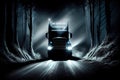 truck driver, speeding down forest road, with car headlights through the darkness Royalty Free Stock Photo
