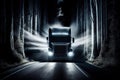 truck driver, speeding down forest road, with car headlights through the darkness Royalty Free Stock Photo