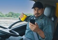 Truck driver Video call on the smartphone Royalty Free Stock Photo