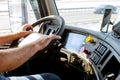 Truck drivers big truck driver& x27;s hands on big truck steering wheel Royalty Free Stock Photo