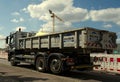 A truck drives on a street in Halle an der Saale, Saxony-Anhalt