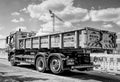 A truck drives on a street in Halle an der Saale, Saxony-Anhalt