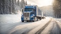 Truck driving along a snowy road during day weather january season modern delivery