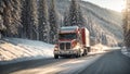 Truck driving along a snowy road during day weather january traffic modern delivery