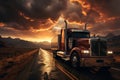 Truck driving on the asphalt road in rural landscape at sunset with dark clouds. Cargo, goods transportation concept