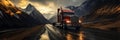 Truck driving on the asphalt road in rural landscape at sunset with dark clouds. Cargo, goods transportation concept