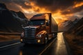 Truck driving on the asphalt road in rural landscape at sunset with dark clouds. Cargo, goods transportation concept