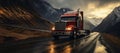 Truck driving on the asphalt road in rural landscape at sunset with dark clouds. Cargo, goods transportation concept