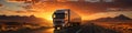 A truck driving down a road and sunrise cloudy sky. Panoramic image Royalty Free Stock Photo