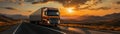 A truck driving down a road and sunrise cloudy sky. Panoramic image Royalty Free Stock Photo