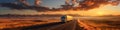 A truck driving down a road and sunrise cloudy sky. Panoramic image Royalty Free Stock Photo