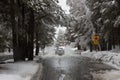 Truck Driving Through Flooded Road During Warm Winter Storm Near Lake Tahoe