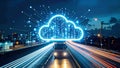 Truck driving on highway with glowing cloud and data streams, representing cloud computing. Royalty Free Stock Photo