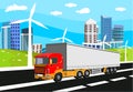 Truck driving on the highway, urban building and green hilld on background, countryside