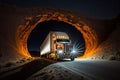 A truck driving a mountain tunnel. Generative AI