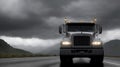 A truck is driving on the road. Dark dramatic landscape as background, gloomy sky with rainy clouds, forest and hill. Generative