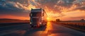 a truck driving on the road at sunset