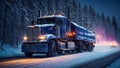 Truck driving snowy road night trailer january modern logistic forest Royalty Free Stock Photo