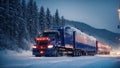 Truck driving snowy road night trailer outdoor january modern logistic forest Royalty Free Stock Photo