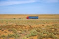 The truck is driving through the steppes of Kalmykia