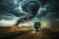 Truck driving towards a massive tornado on rural road Royalty Free Stock Photo