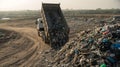 Truck dumping trash onto a massive landfill pile Royalty Free Stock Photo