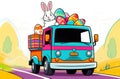 Truck with Easter eggs and a funny bunny on the roof. Easter egg delivery Royalty Free Stock Photo