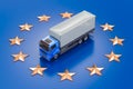 Truck on the European Union flag. Cargo Delivery in the EU concept, 3D rendering