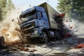 Truck in the fire. Conceptual illustration of disaster and accident, Illustrate a car crash accident involving a TIR truck on the
