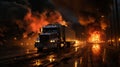 Truck on fire at night, Generative AI