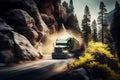 truck flies past forest road, trees and rocks flying by in blur Royalty Free Stock Photo