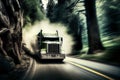 truck flies past forest road, trees and rocks flying by in blur Royalty Free Stock Photo