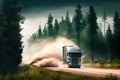 truck flies past the trees with a rush of wind, on the forest road