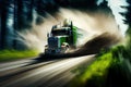 truck flies past the trees with a rush of wind, on the forest road