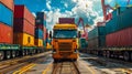 Truck in front of the dynamic container terminal of port is filled with many colorful containers, large cranes, vehicles.