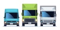 Truck front view set. Urban city vehicle model cars for delivery. Road traffic driving flat vector illustration