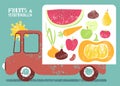 Truck with fruit and vegetables on board. Vector illustration.