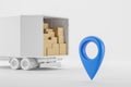 Truck full of carton boxes, blue geo tag, shipping and delivery of orders Royalty Free Stock Photo