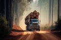 truck with full load of wood on dusty forest road