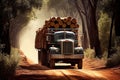 truck with full load of wood on dusty forest road