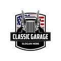 Truck garage inspiration logo design. Vector illustration with the image of an old classic car, design logos, posters, banners, si Royalty Free Stock Photo