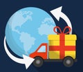 Truck gift planet shopping icon. Vector graphic