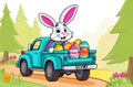 The truck goes on an Easter egg delivery mission with a bunny companion and lots of holiday eggs Royalty Free Stock Photo