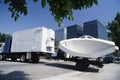 Truck hauling a satellite dish