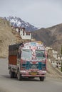 Truck on the high altitude Srinagar - Leh road in Lamayuru valley, state of Ladakh, Indian Himalayas, India Royalty Free Stock Photo