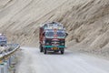 Truck on the high altitude Srinagar - Leh road in Lamayuru valley, state of Ladakh, Indian Himalayas, India Royalty Free Stock Photo