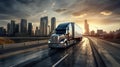 Truck on highway with modern city skyline at sunset Royalty Free Stock Photo