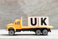 Truck hold block in word UK abbreviation of united kingdom on wood background