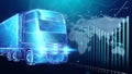 Truck hologram and world map on blue background. Parcel tracking applications, online cargo delivery service, logistics. 3D