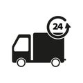 Truck 24 hours icon. Fast delivery truck. Cargo van moving fast. Vector illustration. Royalty Free Stock Photo